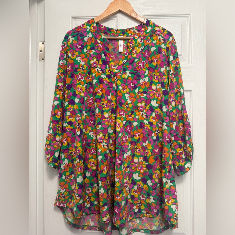 Floral Split-Neck Women's Tunic Top - Pink & Green